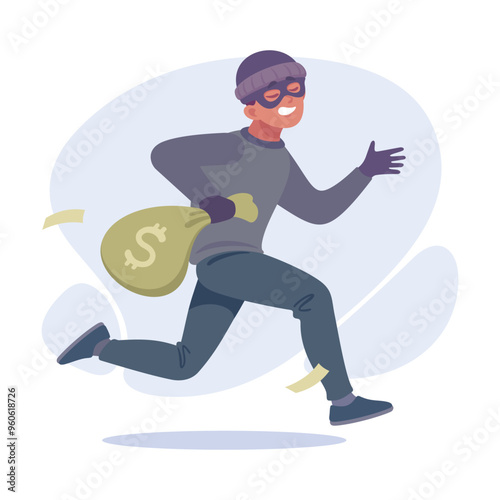 Man Criminal Escape with Money Sack Commit Crime and Theft Vector Illustration