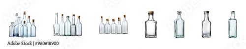 Set, collection of a clear glass bottle isolated on transparent background.