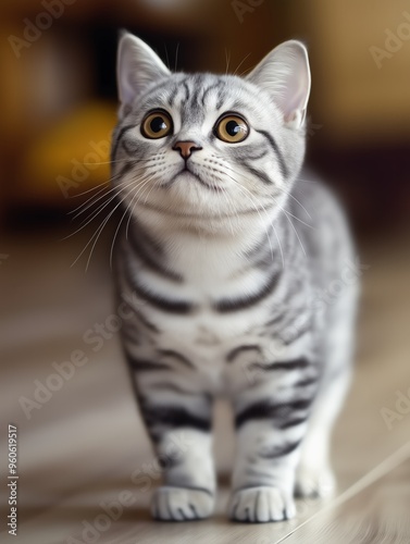 Cute Kitten Portrait: Adorable Gray and White Cat Looking Up