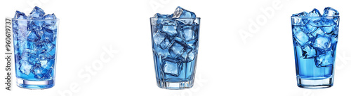 Set, collection of a glass of blue liquid with ice cubes isolated on transparent background.