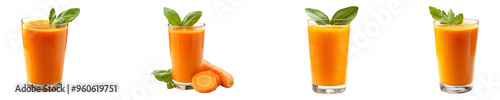 Set, collection of a glass of carrot juice garnished with a leaf isolated on transparent background.