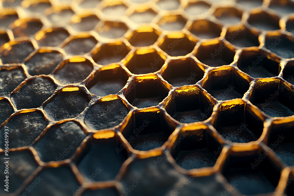 Close-up of honeycomb cells, showcasing the intricate hexagonal pattern created by bees. Close-up of honeycomb cells, showcasing the intricate hexagonal pattern created by bees.