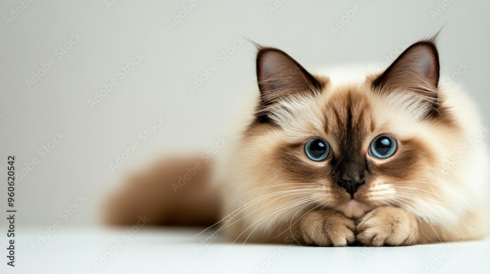 Cute fluffy cat with blue eyes lying down on a white surface, staring intently. Perfect for pet lovers and animal-themed content. Cute fluffy cat with blue eyes lying down on a white surface, staring intently. Perfect for pet lovers and animal-themed content.