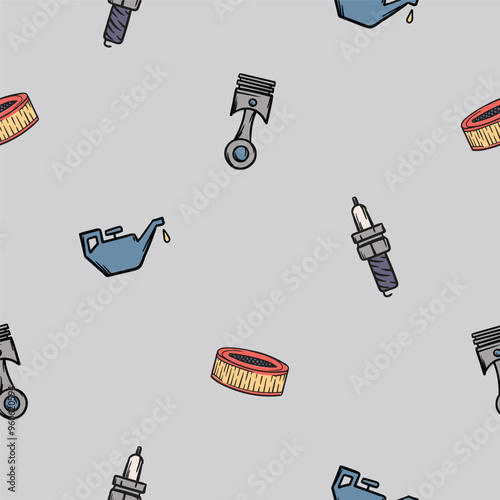 Simple vector seamless pattern of car parts, piston, filter, spark plug and oiler. Hand drawn illustration for design, advertising, wrapping paper, background