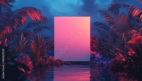 Fototapeta Naklejka Na Ścianę i Meble -  Blank Pink Rectangle in Neon Lit Tropical Foliage with Water