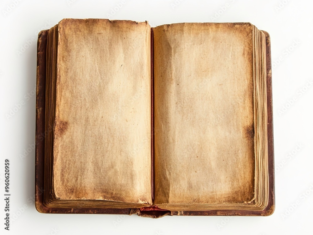 Opened old book with blank pages for inserting text on white background Opened old book with blank pages for inserting text on white background