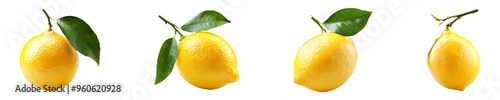 Set, collection of a lemon with a green leaf attached isolated on transparent background.