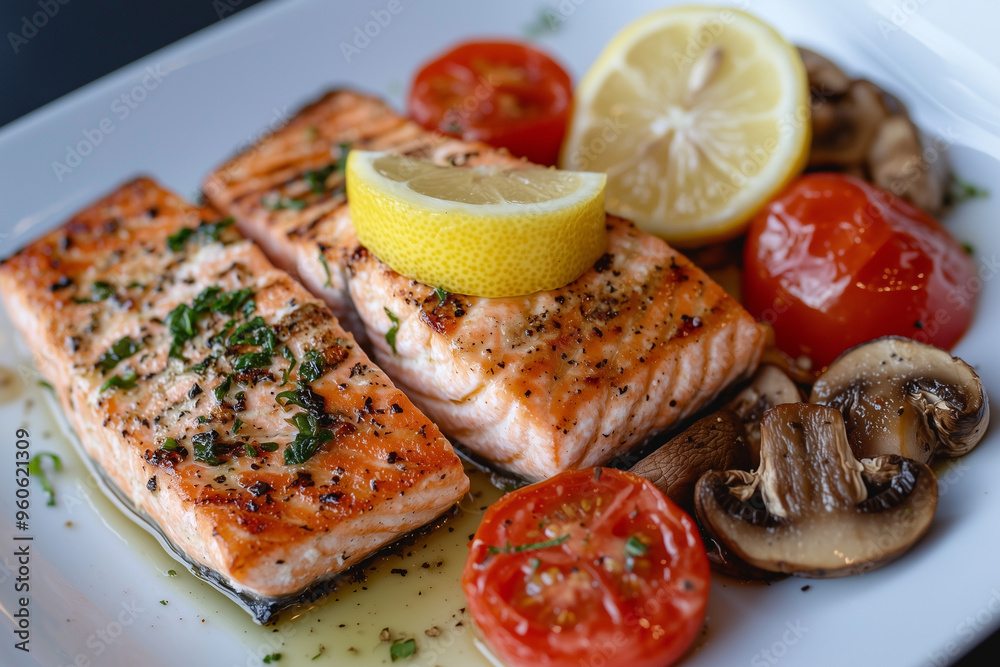 A plate of fresh grilled salmon fillet with stewed tomatoes and mushrooms on the side. A delicious restaurant dish A plate of fresh grilled salmon fillet with stewed tomatoes and mushrooms on the side. A delicious restaurant dish