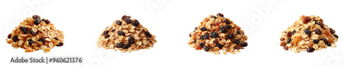 Set, collection of a pile of oatmeal and raisins isolated on transparent background.