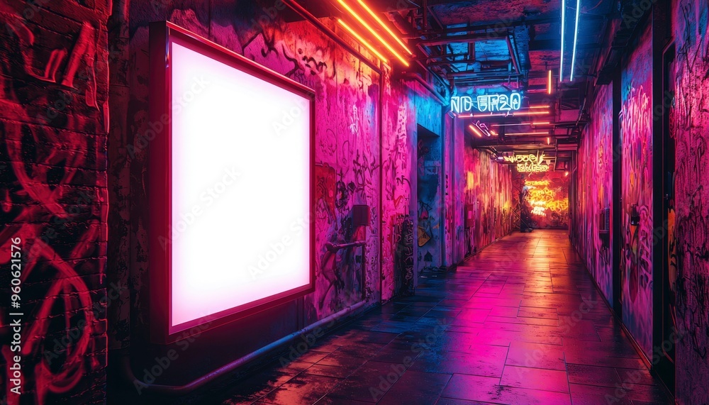 Neon-Lit Graffiti-Covered Hallway with a Blank Sign Neon-Lit Graffiti-Covered Hallway with a Blank Sign