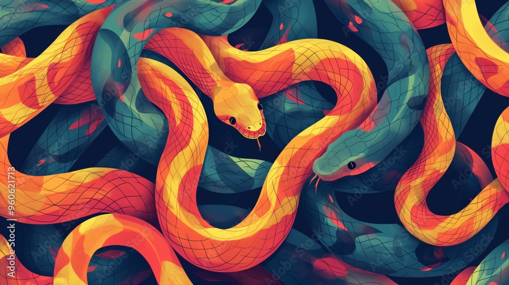 Fototapeta premium Background of snakes. Colorful snakes wallpaper vector illustration.