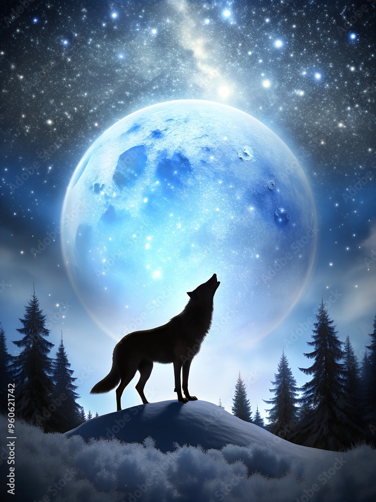 Silhouette of a wolf with its head raised in winter on a hill against the background of the night sky with a big moon and stars Silhouette of a wolf with its head raised in winter on a hill against the background of the night sky with a big moon and stars