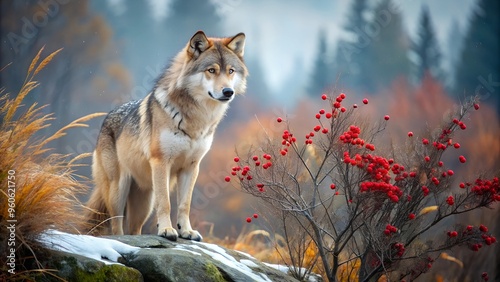 A wolf in winter on a rocky hill near a bush with red berries photo