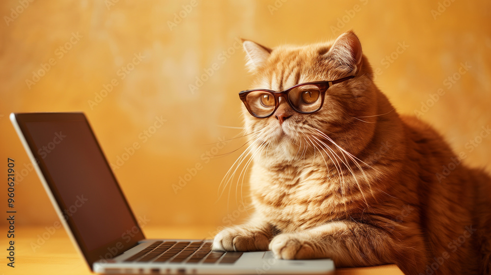 orange cat with glasses looking at laptop on yellow background, sitting behind a computer, serious cat working as IT, business boss, cat looking for best food prices, deals orange cat with glasses looking at laptop on yellow background, sitting behind a computer, serious cat working as IT, business boss, cat looking for best food prices, deals