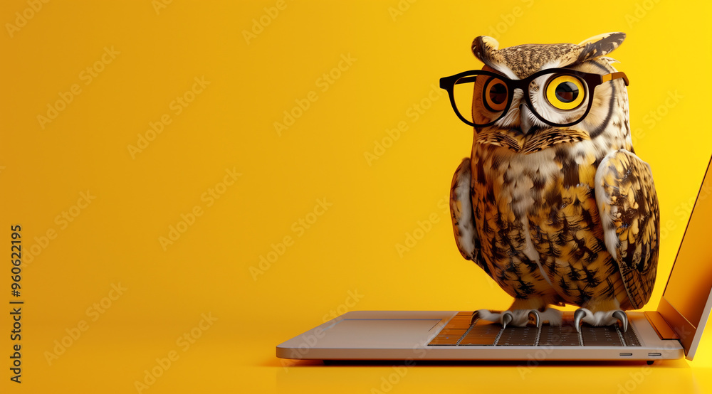 custom made wallpaper toronto digitalowl with glasses sitting on a laptop, using a computer, yellow background with copy space