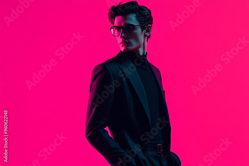 Trendy Mens Black Suit with Solid Neon Pink Contemporary Lifestyle Portrait Background