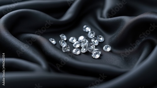 Brilliant Round-Cut Gemstones Scattered on Dark Fabric, Capturing Their Radiance and the Elegance of the Satiny Surface.