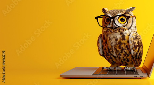 Wallpaper Mural owl with glasses sitting on a laptop, using a computer, yellow background with copy space Torontodigital.ca