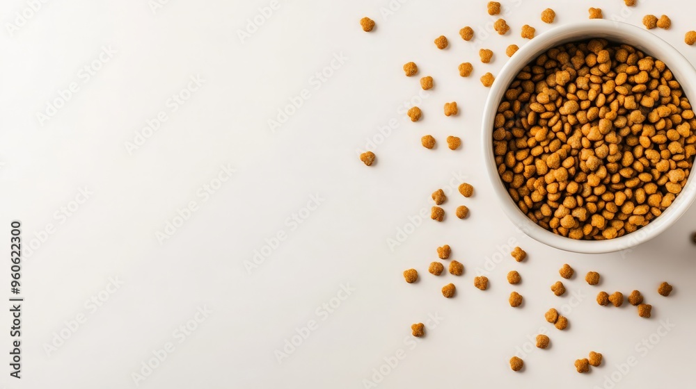 Dry cat food in a white bowl on a plain background with scattered kibble. Perfect for pet nutrition and feeding concept images. Dry cat food in a white bowl on a plain background with scattered kibble. Perfect for pet nutrition and feeding concept images.