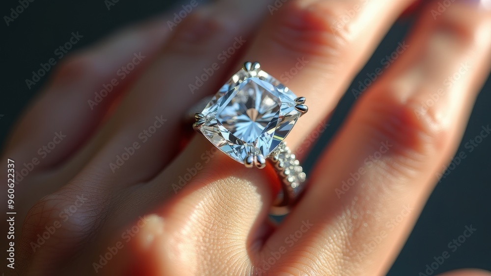 Detailed View of a Sparkling Diamond Ring on a Woman’s Middle Finger, Set Against a Softly Blurred Background. Detailed View of a Sparkling Diamond Ring on a Woman’s Middle Finger, Set Against a Softly Blurred Background.