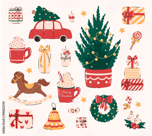 Large collection of Christmas elements. Christmas tree, candles, gifts, toys, sweets, hot chocolate. Flat vector illustration.