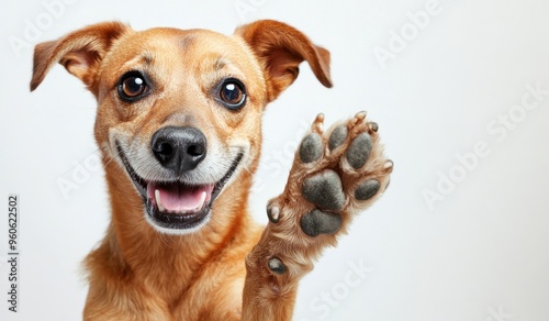 dog smiling and waving with its paw on a white background