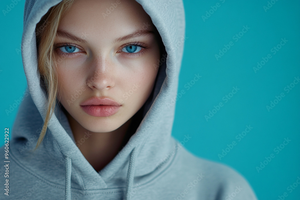Chic Light Gray Hoodie with Solid Neon Teal Fashionable Womans Lifestyle Portrait Background Chic Light Gray Hoodie with Solid Neon Teal Fashionable Womans Lifestyle Portrait Background