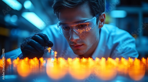 Scientist using a femtosecond laser to manipulate particles at the nanoscale in a physics lab photo