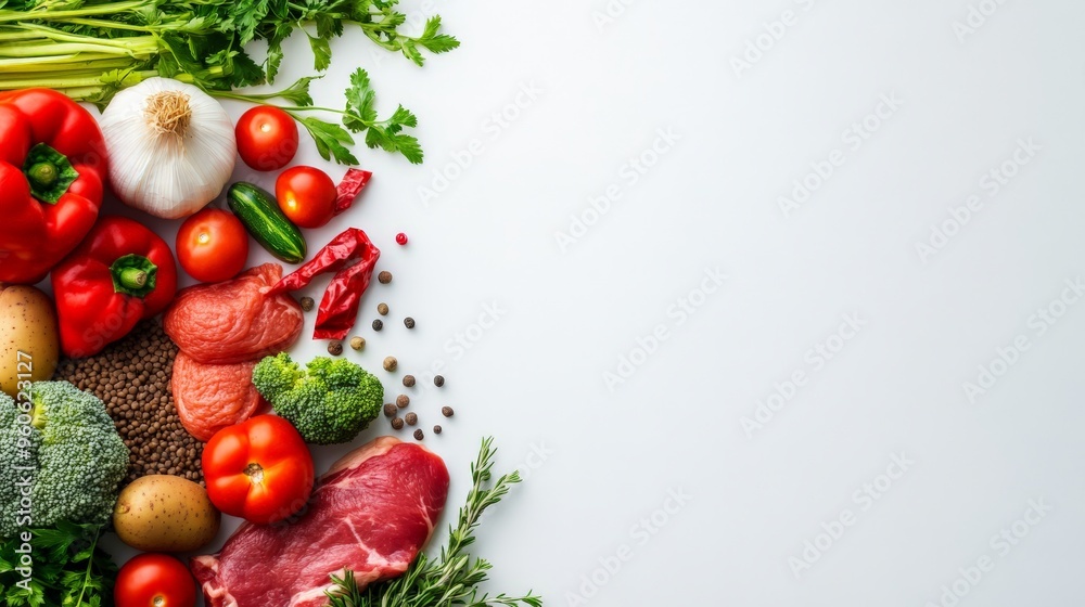 Fresh vegetables and meat arranged on a white background with copy space. Healthy ingredients for cooking a nutritious meal. Fresh vegetables and meat arranged on a white background with copy space. Healthy ingredients for cooking a nutritious meal.