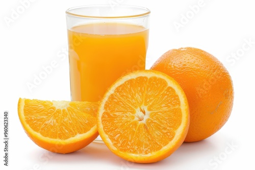 Orange juice and fruit on white background