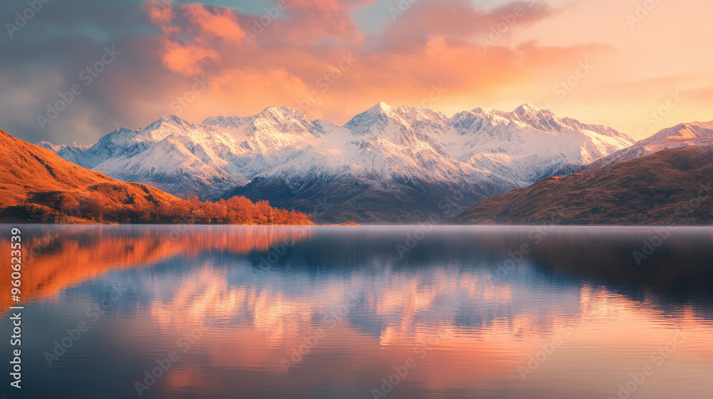 Sunrise over snow-capped mountains with vibrant orange and pink reflections on a serene lake, tranquil morning in an isolated landscape, ideal for nature lovers - Generative AI Sunrise over snow-capped mountains with vibrant orange and pink reflections on a serene lake, tranquil morning in an isolated landscape, ideal for nature lovers - Generative AI