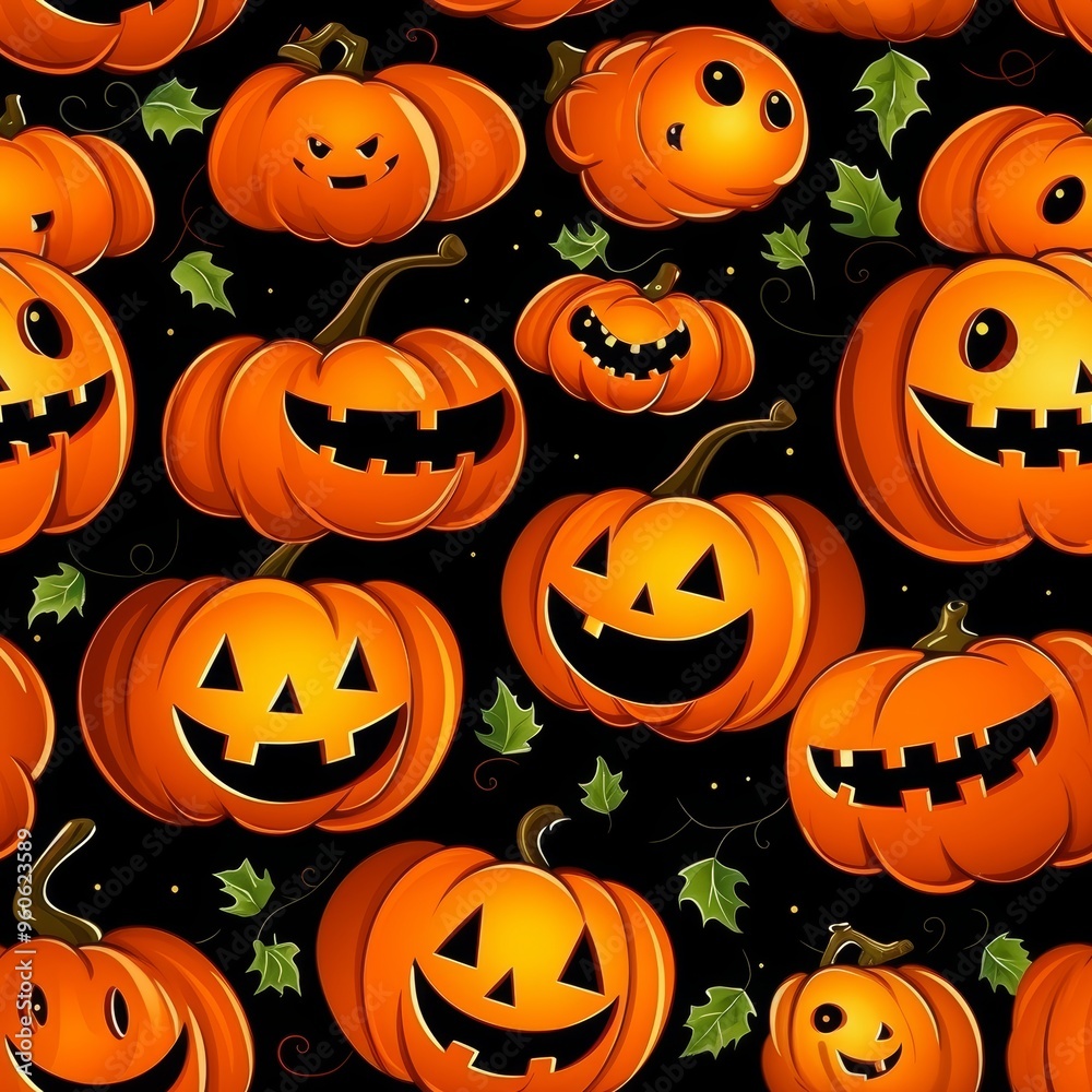 Seamless halloween pattern with orange pumpkins, bats, and spider webs on black background Seamless halloween pattern with orange pumpkins, bats, and spider webs on black background