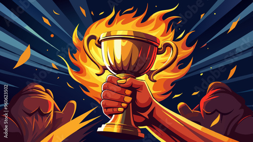 Man holding up a burning gold trophy cup with abstract shiny background