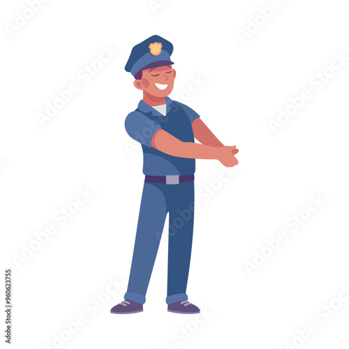 Man Police Officer in Blue Uniform and Cap on Duty Vector Illustration