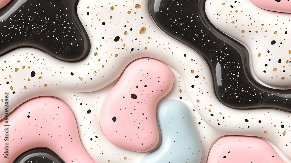 Obraz premium Abstract colorful patterns with black, pink, and white shapes on a textured surface enhancing a modern design aesthetic