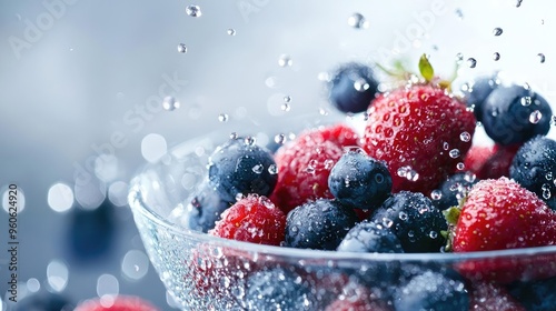 Fresh berries splashing in water, vibrant red strawberries and blue blueberries, perfect for summer recipes and healthy eating.