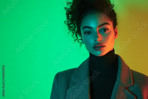 High Energy Woman in Gray Wool Overcoat with Solid Neon Green Chic Fashion Lifestyle Portrait Background