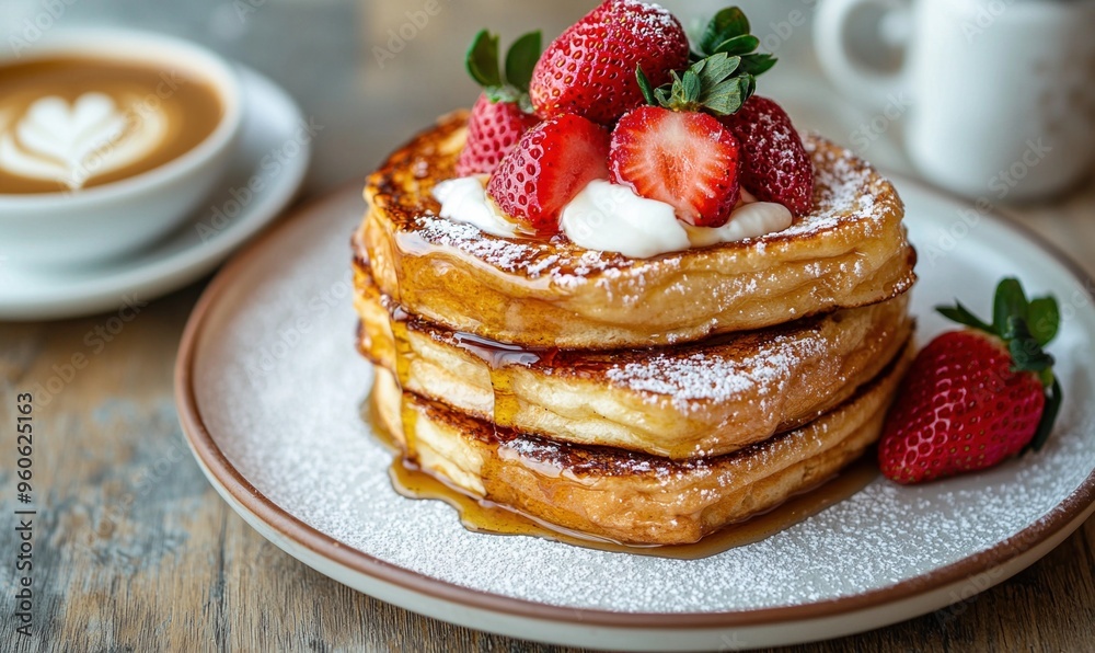 French toast stack with fresh strawberries, syrup pour in mid-action, detailed latte art beside, rustic cafe vibes, cozy atmosphere, hand-drawn sketch, muted colors, f/1.8 aperture, Canon EF 100mm French toast stack with fresh strawberries, syrup pour in mid-action, detailed latte art beside, rustic cafe vibes, cozy atmosphere, hand-drawn sketch, muted colors, f/1.8 aperture, Canon EF 100mm