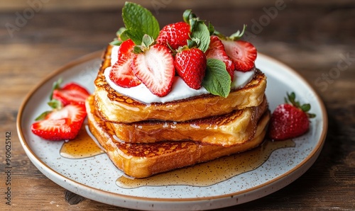 French toast stack with fresh strawberries, syrup pour in mid-action, detailed latte art beside, rustic cafe vibes, cozy atmosphere, hand-drawn sketch, muted colors, f/1.8 aperture, Canon EF 100mm