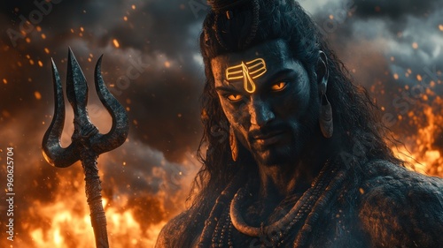 Striking Lord Shiva as Bhairava with Trident in Stormy Landscape photo