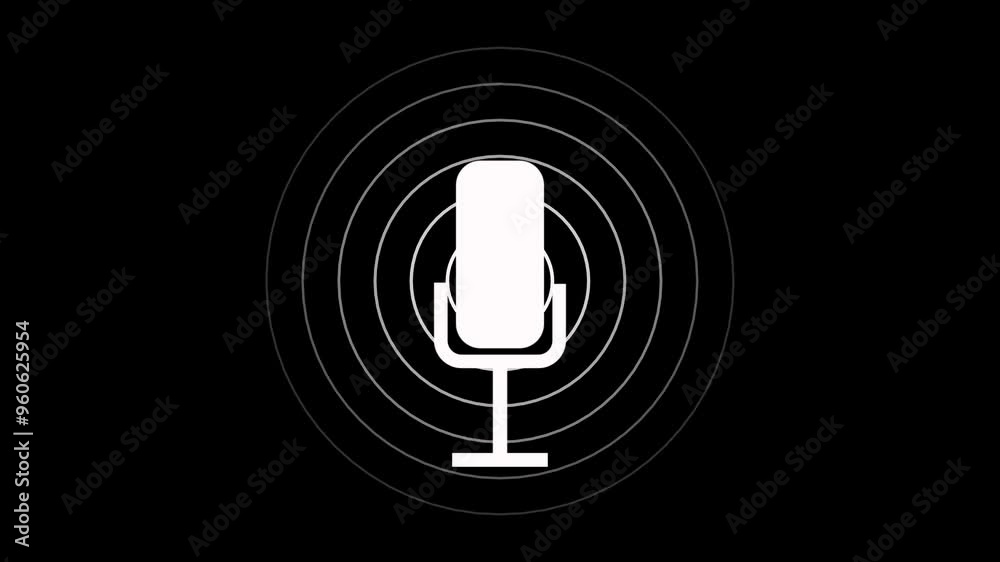 Flat microphone animation for recording podcasts with white radio waves. White color radio wave and voice recording podcast mic microphone button icon animation. Recording microphone icon animation.
