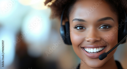 Uma imagem em close de uma agente de call center sorridente usando um fone de ouvido, capturando sua energia positiva e prontidão para ajudar os clientes com eficiência. photo