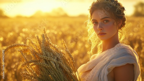 Serene Demeter, goddess of the harvest, holding wheat, symbolizing fertility and agriculture. photo