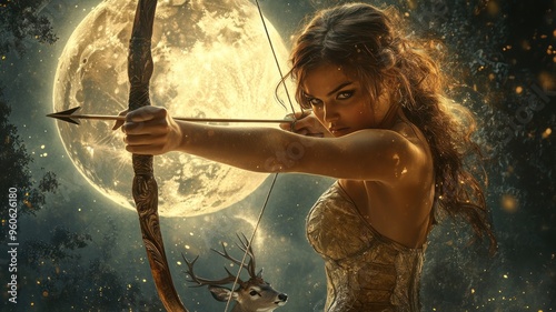 Artistic Artemis, goddess of the hunt, drawing her bow, symbolizing independence and nature.