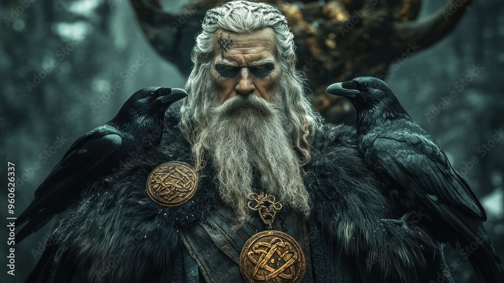 Fototapeta premium Majestic Odin with ravens, standing before Yggdrasil, symbolizing wisdom and power in Norse mythology.