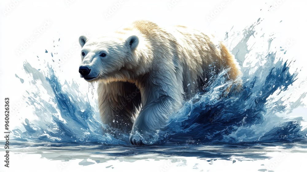 Fototapeta premium Clipart of a polar bear with a backdrop of melting ice caps on a white background