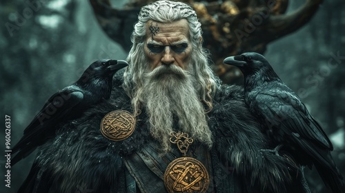 Majestic Odin with ravens, standing before Yggdrasil, symbolizing wisdom and power in Norse mythology.