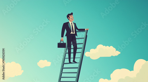 Businessman climbing a ladder in the sky holding a briefcase