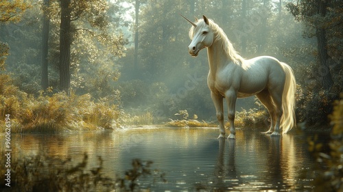 Serene unicorn by a crystal-clear lake, surrounded by a magical forest, symbolizing purity and grace.