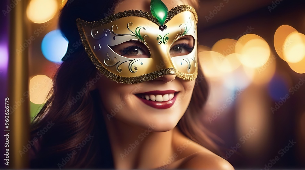 mardi gras banner woman smiling venetian mask night lights mardi gras banner woman smiling venetian mask night lights